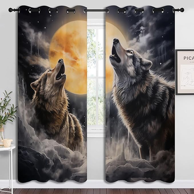 Fantasy Wolf Blackout Curtains for Boys Girl Bedroom Decor,Full Moon Starry Sky Wildlife Retro Thermal Insulated Grommet Drapes Darkening Window Curtain for Living Room Home 84x63 inch