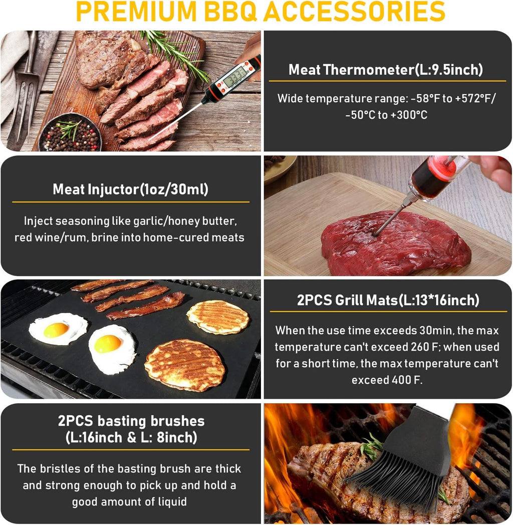 34Pcs Grill Accessories Grilling Gifts for Men, 16 Inches Heavy Duty BBQ Accessories, Stainless Steel BBQ Tools with Thermometer, Grill Mats for Backyard, BBQ Gifts Set for Men Women