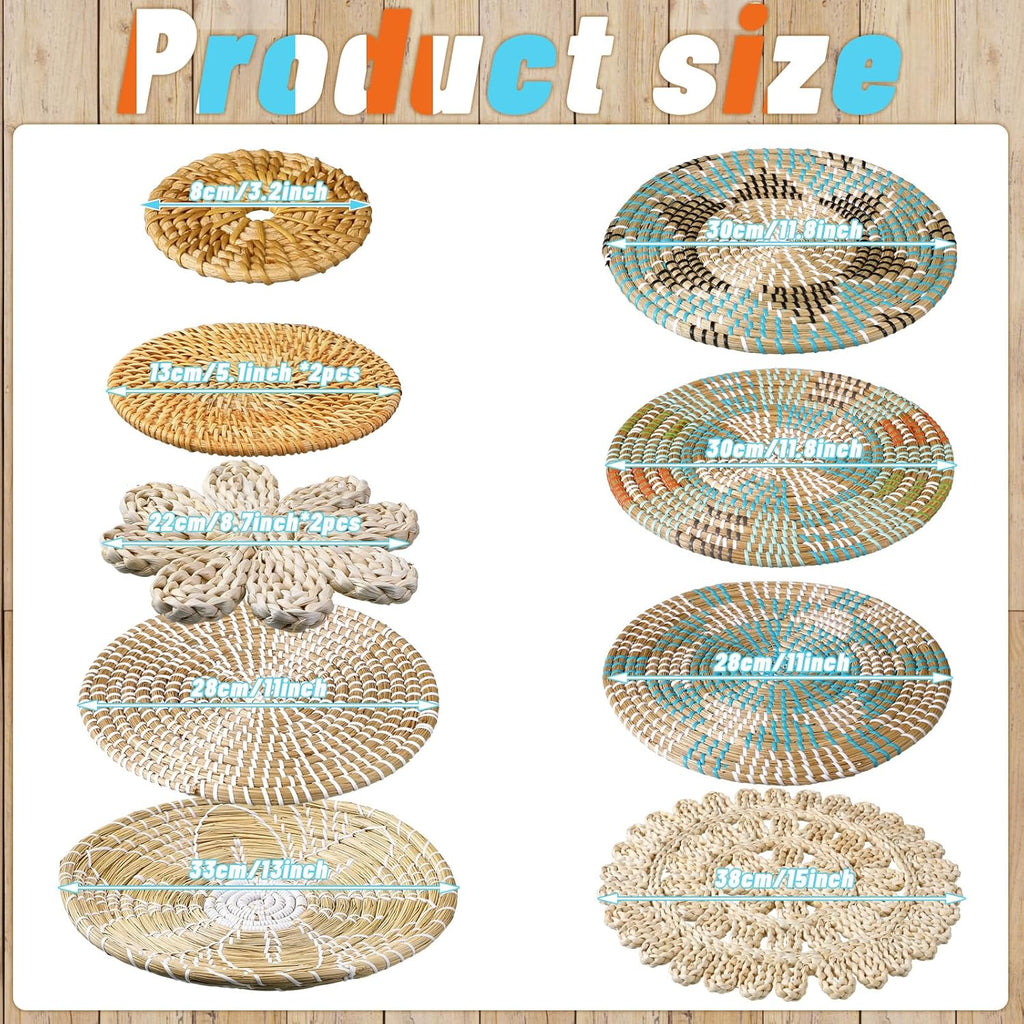 Xuhal 11 Pcs Boho Hanging Wall Basket Decor Handmade Woven Basket Wall Decorative Boho Wicker Baskets Placemats Round Farmhouse Bulrush Art for Rustic Home Decorations Christmas Gift(Bright)