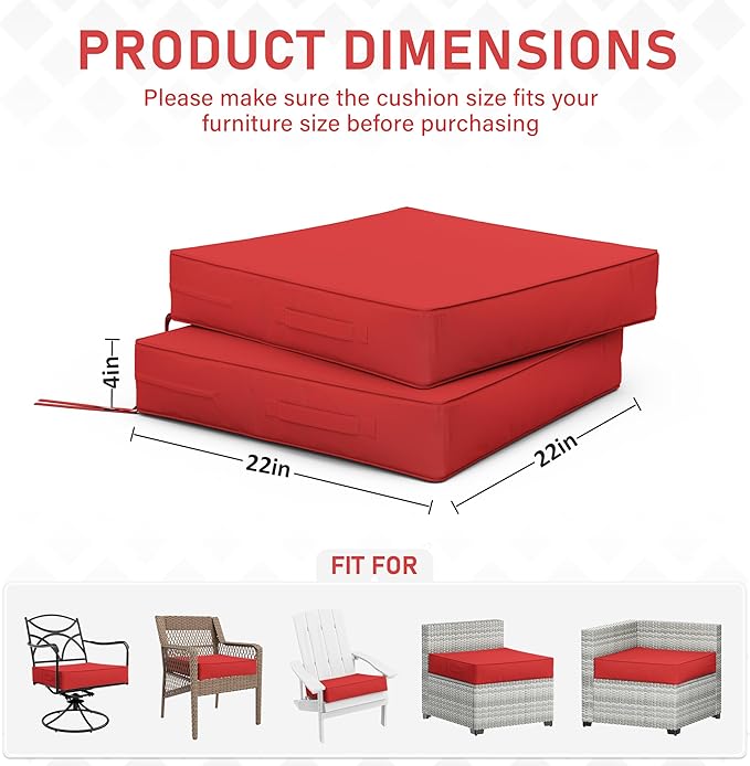 Patio Chair Cushions 22 X 22 X 4 Inch Waterproof Outdoor Seat Cushions for Patio Furniture, Outdoor Sofa Couch Pads with Ties & Handle, Set of 2, Red