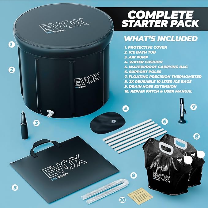 Ice Bath Tub for Athletes – Complete Starter Pack [Cold Plunge Tub, Thermometer, Repair Patch, 2X Reusable Ice Bags] Indoor & Outdoor Inflatable Tub for Recovery – 110 Gal Portable Ice Pod Barrel