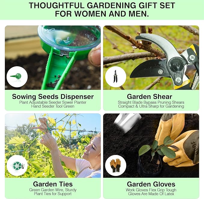 Garden Tools Set – Premium Stainless Steel Gardening Hand Tools with Solid Beechwood Handle – Gardening Kit with Rake, Shovel, Gloves, Shears, Tool Organizer – Garden Gifts for Women and Men