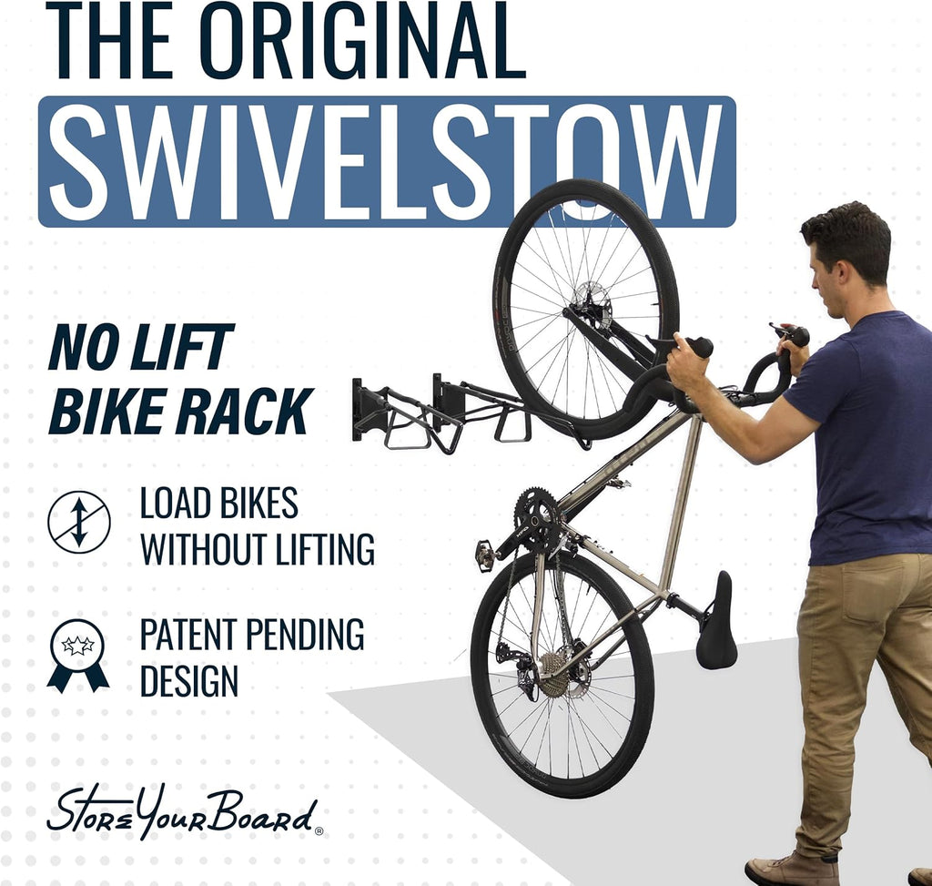 StoreYourBoard SwivelStow Bike Storage Rack 4 Pack, 2 MTB & 2 Road & Gravel Bike Wall Mounts, Heavy Duty Bike Hanger, No-Lift Bike Wall Mount for Garage Bike Storage, Holds 70 lbs, Patent-Pending