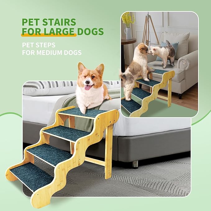 Dog Stairs for Large/Oldder Dogs,4 Steps Bamboo Wooden Pet Ramp for High Beds, Cars & Couch Sofa - Supports Dog Up to 160 LB,20-inches High