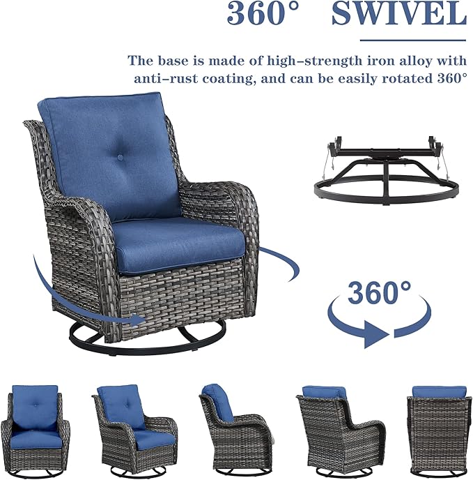 Outdoor Patio Furniture Set with 50000BTU Propane Fire Pit Table, 4 Pieces Wicker Patio Conversation Set with 2 Swivel Rocker Glider Chairs Rattan Sofa Blue Cushion Perfect for Gathering