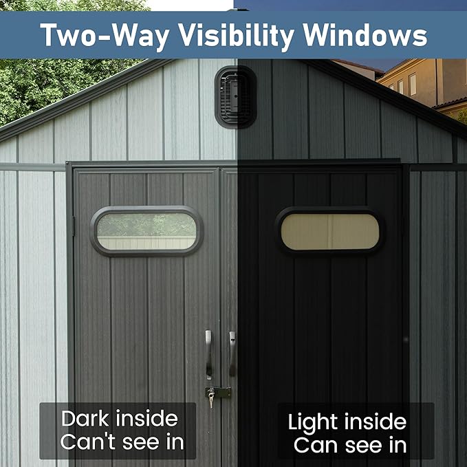 Domi 8x12 FT Outdoor Resin Storage Shed, All-Weather Double-Wall Storage Building for Backyard, Garden, Lawn Tools, Mower, Bike & Pool Equipment, Lockable Doors, Ventilated Roof, Grey