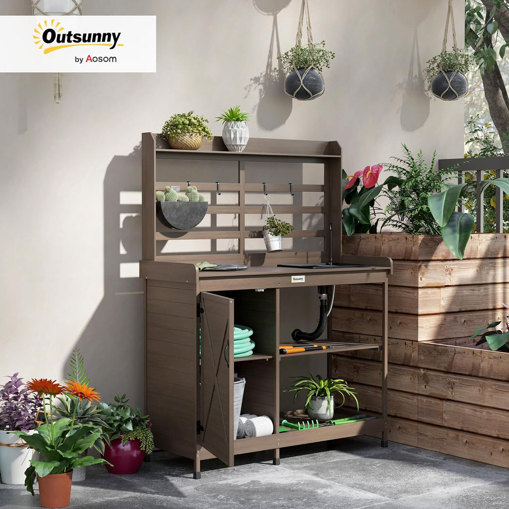 Outsunny Outdoor Wooden Potting Bench Table with Sink and Water Tap, Garden Workstation with Storage Cabinet, Storage Shelves for Backyard, Patio, Balcony, Dark Brown