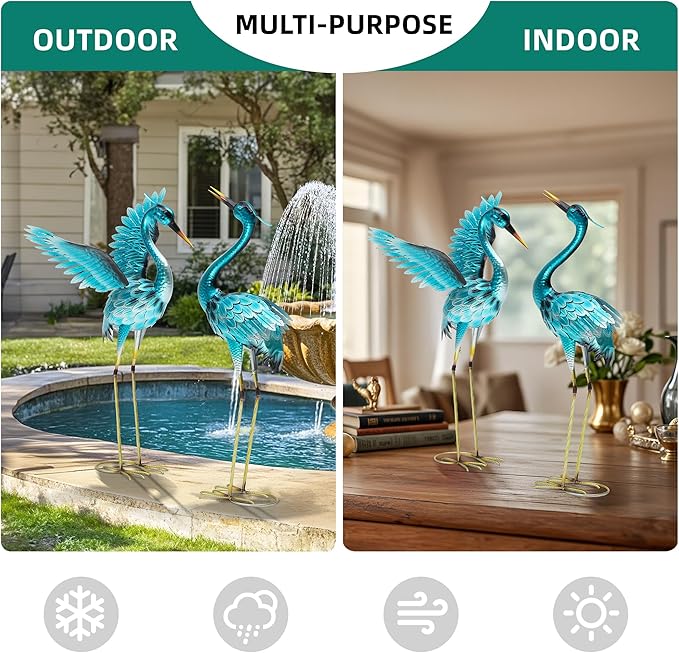 36.75" Metal Crane Garden Statue - Handmade Oversize Heron Sculptures with Stable Ground Stakes, Backyard Large Bird Decoration, Metal Garden Art.