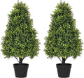 30" Artificial Boxwood Faux Plants Outdoor, UV Resistant Topiary Trees Realistic Cone-Shaped Fake Bushes and Shrubs Potted Fakeplants Set of 2 for Front Porch Patio Outside Planter Decor