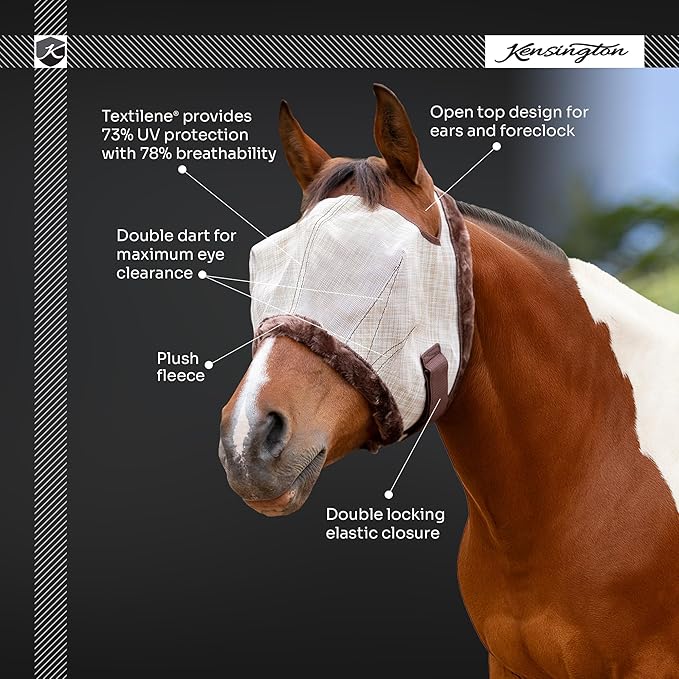 Kensington Fly Mask with Fleece Trim for Horses — Protects Face and Eyes from Flies and Sun Rays While Allowing Full Visibility — Breathable and Non Heat Transferring, X-Large, Tan