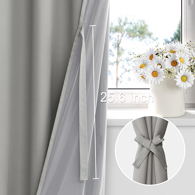 XWZO Full Shading Blackout Curtains 45 Inches Length with Tiebacks- Heat and Light Blocking Rod Pocket Window Drapes with Black Liner Backing for Bedroom/Kid's Room, Light Grey, W42 x L45, Set of 2
