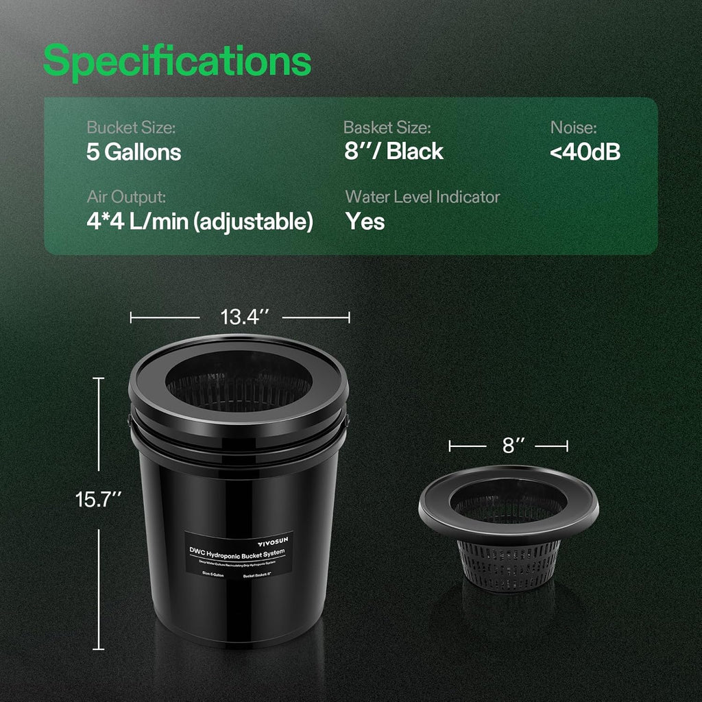 VIVOSUN DWC Hydroponics Grow System with Top Drip Kit, 5-Gallon Deep Water Culture, Recirculating Drip Garden System with Multi-Purpose Air Hose, Air Pump, and Air Stone (2 Buckets + Top Drip Kit)