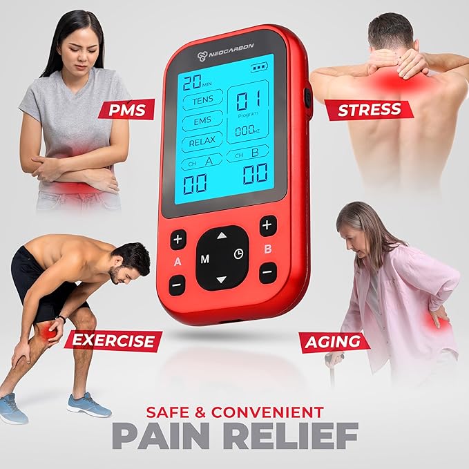TENS Unit Muscle Stimulator Pro for Back Pain Relief, Shoulder Recovery and Physical Therapy, Electronic EMS Massager Machine with PMS Pulse for Effective Shock Therapy, Red