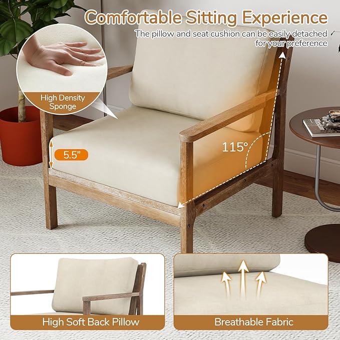 Giantex Mid Century Modern Accent Chair, Wooden Arm Chair w/Solid Wood Frame, Removable Seat Cushion & Pillow, Vintage Comfy Reading Chair for Living Room, Bedroom, Study