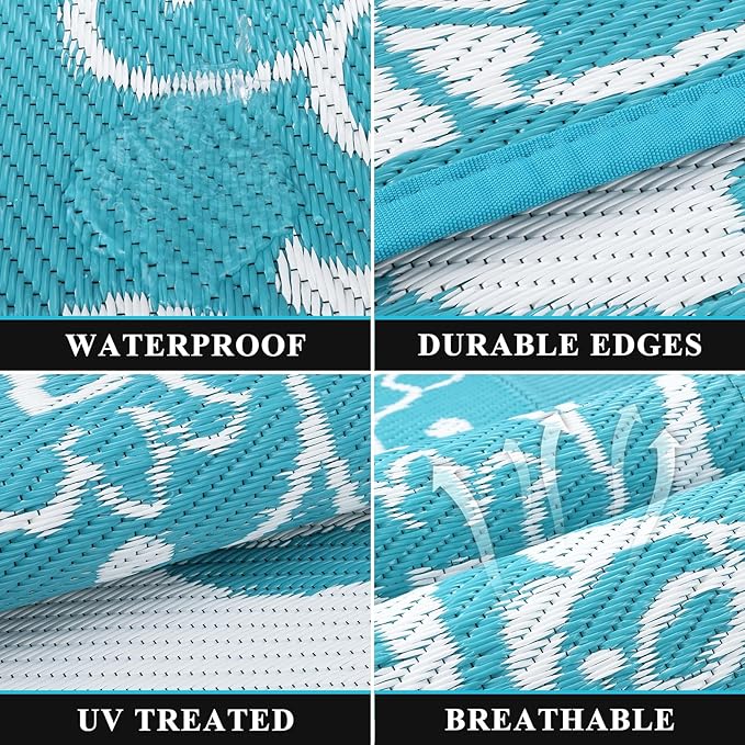 Pauwer Waterproof Outdoor Rug 5x8, Reversible Plastic Straw Patio Camping Rug, Indoor Outdoor RV Mat Carpet for Deck, Camper, Porch, Balcony, Backyard, Picnic, Boho Teal