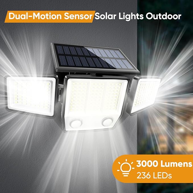 Solar Motion Sensor Outdoor Lights Waterproof - 3000LM 3 Modes Solar Security Lights Outdoor 270° Illumination IP65 LED Flood Wall Light for Garden Yard Patio Pathway (1Pack)