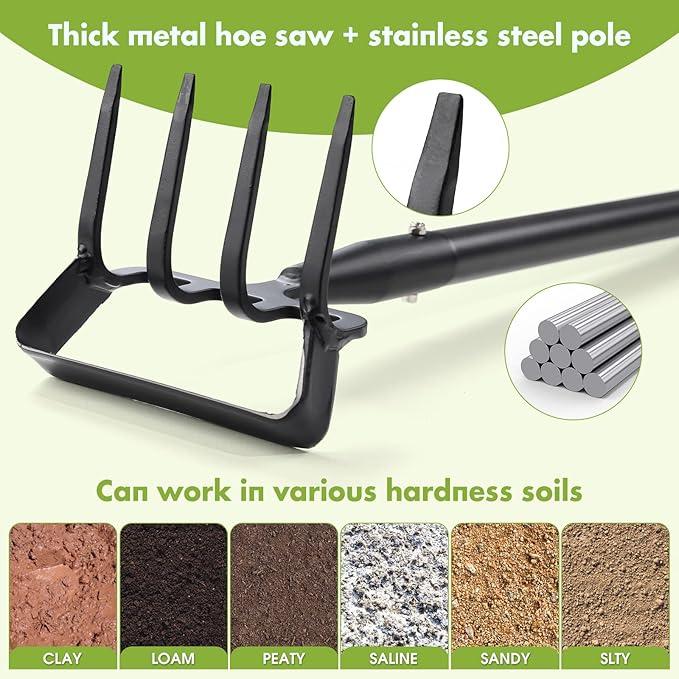 INFLATION Stirrup Hand Hula Hoe Heavy Duty Metal Gardening Weed Puller Tool 4 Tines Prong 2-in-1 Herb Stripper Yard Rake for Women Kids Men Garden Grandpas Weeder 32-62 inch Long Adjustable Handle