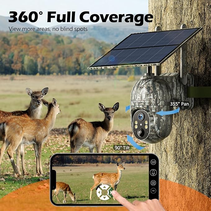 VOOPEAK Cellular Trail Camera, 2.5K Trail Cameras with Color Night Vision, Built-in SIM Card Live Streaming Pan 355° Tilt 90° Game Camera Solar Powered Motion Activated No WiFi Needed