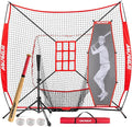 7'X7' Baseball Softball Practice Net,Pitching Net,Batting Net,with Baseball Tee,Bonus Strike Zone and Bow Frame,for Hitting,Pitching, Catching