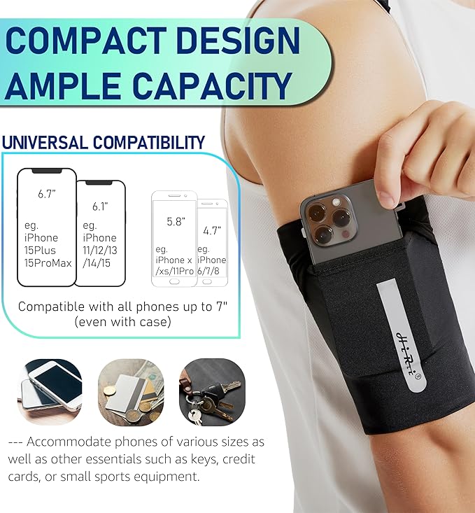 HiRui Running Armband Sleeve Universal Sports Armband Cell Phone Holder Armband for Exercise Workout, Compatible with iPhone 16/15/14/13/Plus/Pro Samsung Galaxy All Phones (XL, Black)