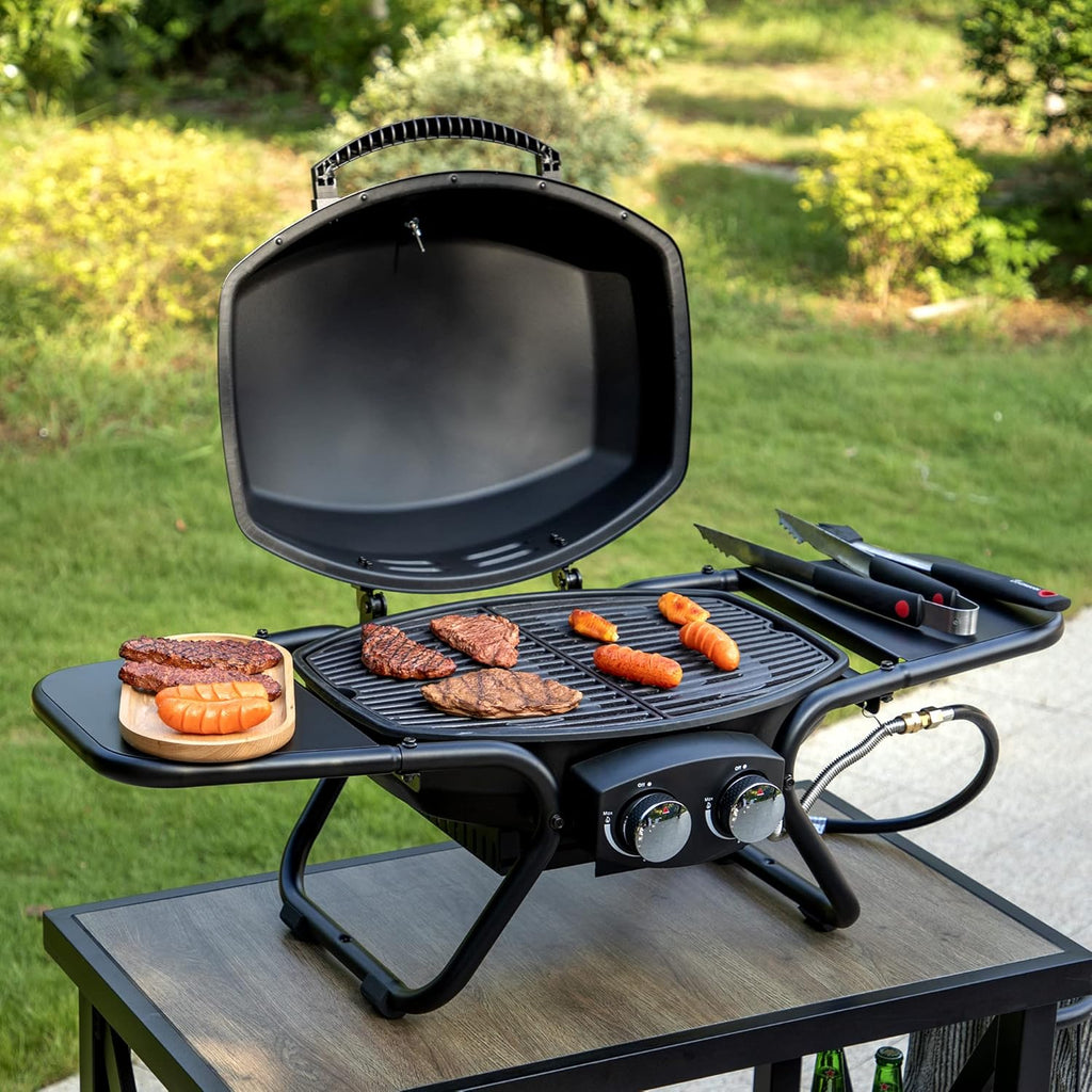Captiva Designs Portable Propane Grill, 15,000 BTU Output TableTop Liquid Gas Grill with 2 Stainless Steel Burners, 275 sq.in. Cooking Area with Side Tables