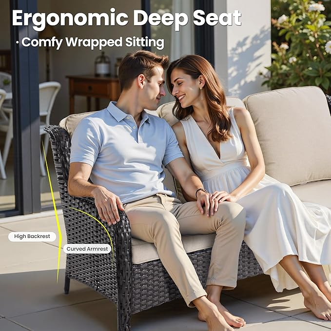 ovios 7 Pieces Patio Furniture Set, Outdoor Wicker Sofas with 4 Chairs, Ottomans and Comfy Cushions, All Weather High Back Couch Set for Deck Porch, Brown Rattan, Beige
