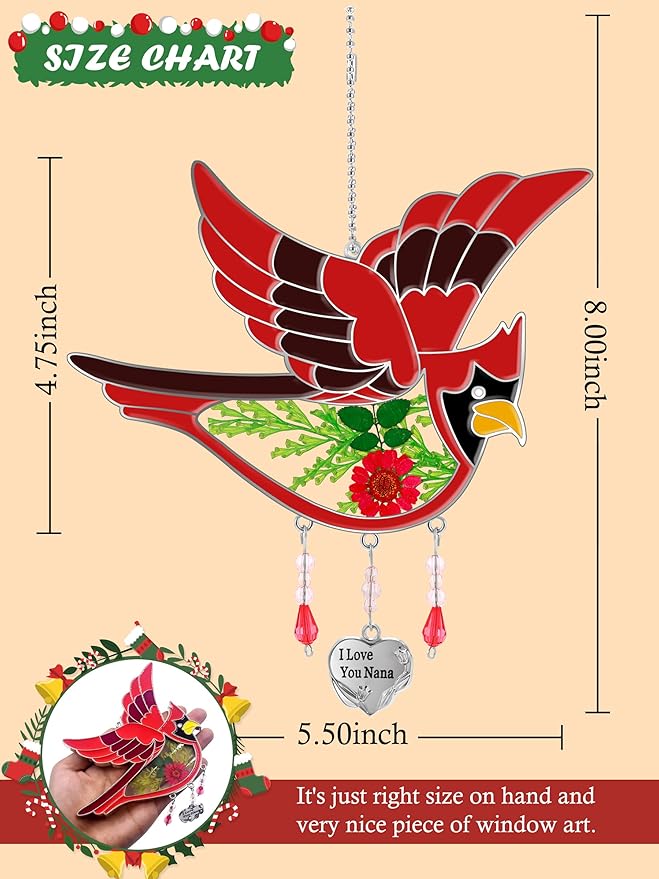 KY&BOSAM Cardinal Suncatcher Nana Gifts I Love You Nana Stained Glass Suncatchers Hanging Ornament for Window Wind Chime Birthday Gifts for Women Nana Grandma Mother`s Day Christmas Tree Gifts