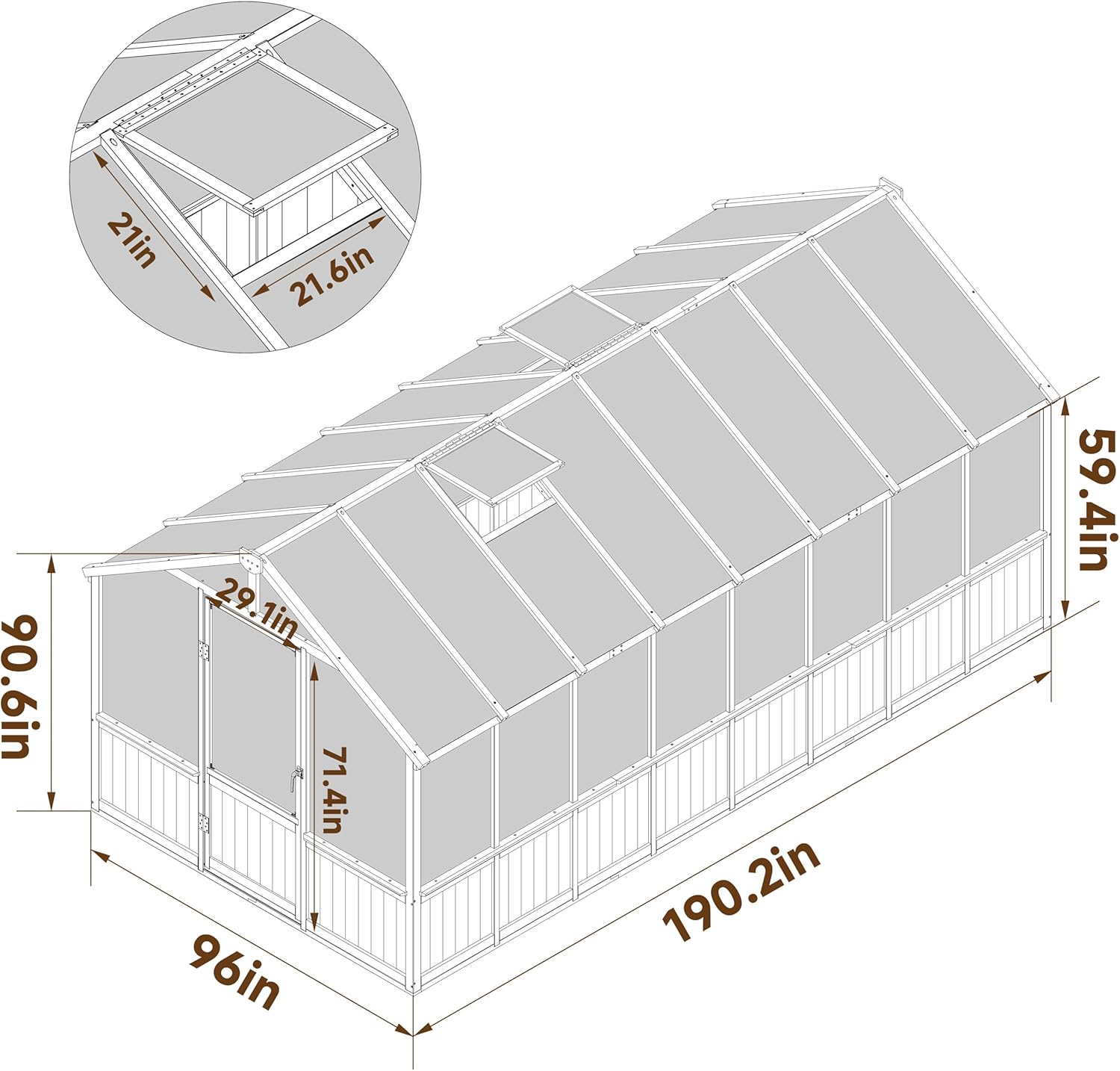 8x16 FT Greenhouse for Outdoor, 6MM Thick Polycarbonate Panel Wooden Walk-in Green House with Adjustable Roof Vents and Lockable Door, Backyard Garden, Light Mocha Brown