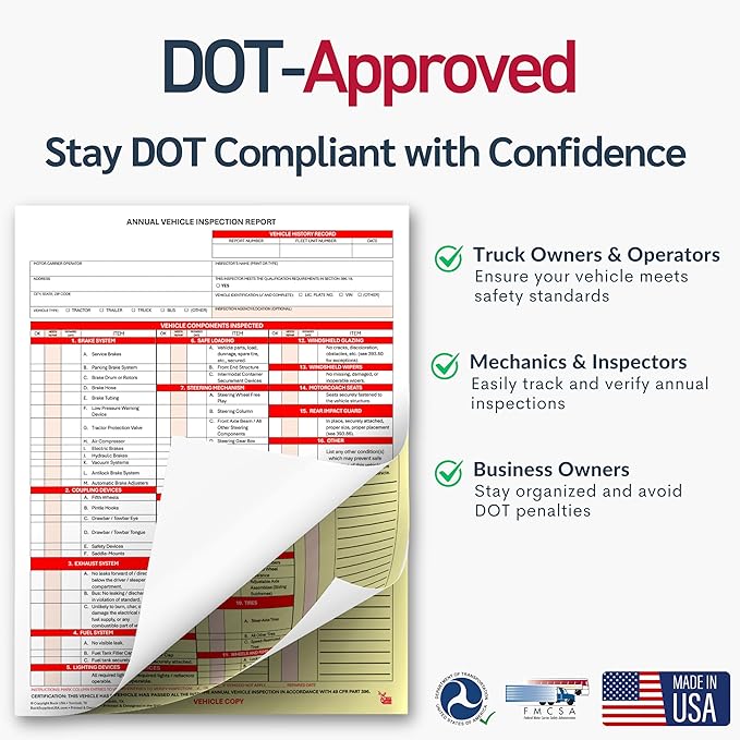 25 Pack Buck 3-Ply Carbonless Annual Vehicle Inspection Report Forms with Red Aluminum FMCSA Adhesive Labels with Punch Boxes, FMCSA & DOT Compliant, Shrinkwrapped Bundle, 8.5" x 11.8" - Made in USA