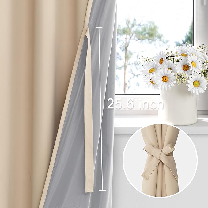 XWZO 100% Blackout Curtains for Bedroom, Thermal Insulated Black Liner, Noise Reducing and Heat Blocking Drapes for Hall and Studio Windows with Tiebacks, Biscotti Beige, W60 x L63, Set of 2