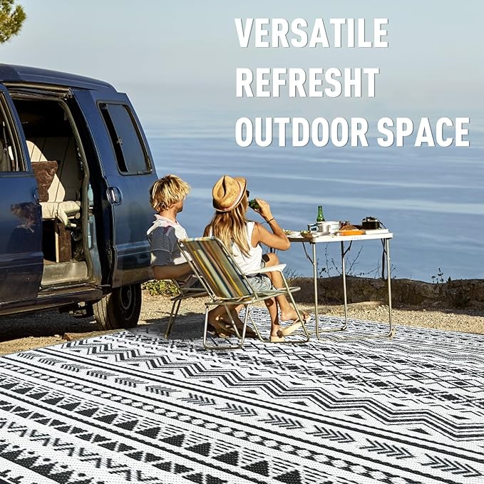 WILDROOTS 8x10 Feet Black and White Plastic Outdoor Rug, Stain Resistant Waterproof Reversible Outdoor Patio Rug, Fade Resistant Camping Rug