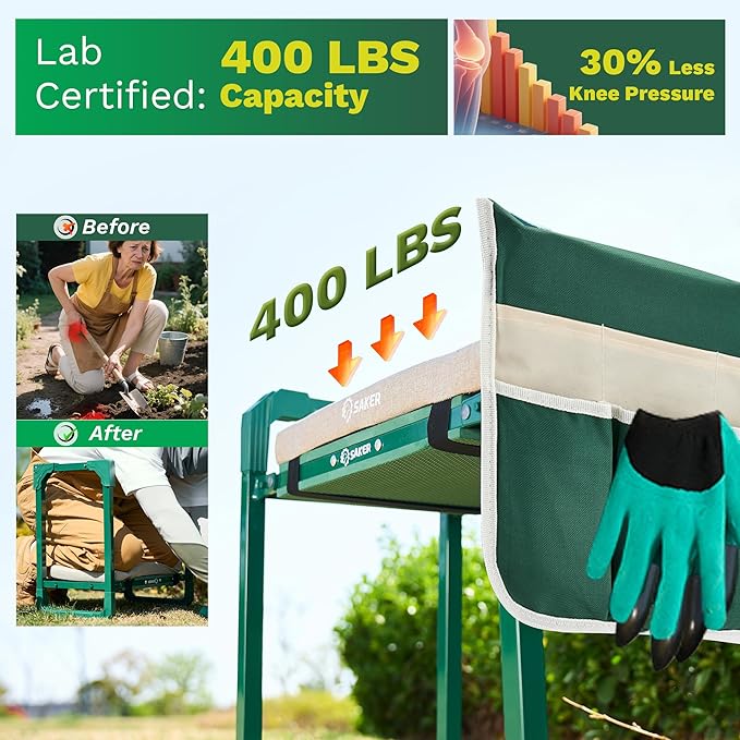 Saker Garden Kneeler and Seat Foldable Gardening Stool with Extendable Legs & Thickened Pad, Tool/Storage Bag, Heavy Duty Support for Elderly, Gardening, Outdoor Use