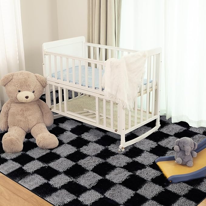 Super Soft Rug for Bedroom, 3x5 Ft Grey and Black Area Rug Classic Checkered Shaggy Rug Anti-Skid High Pile Soft Fluffy Fuzzy Carpet for Living Room Bedroom Kids Room Nursery, Dorm Home Decor