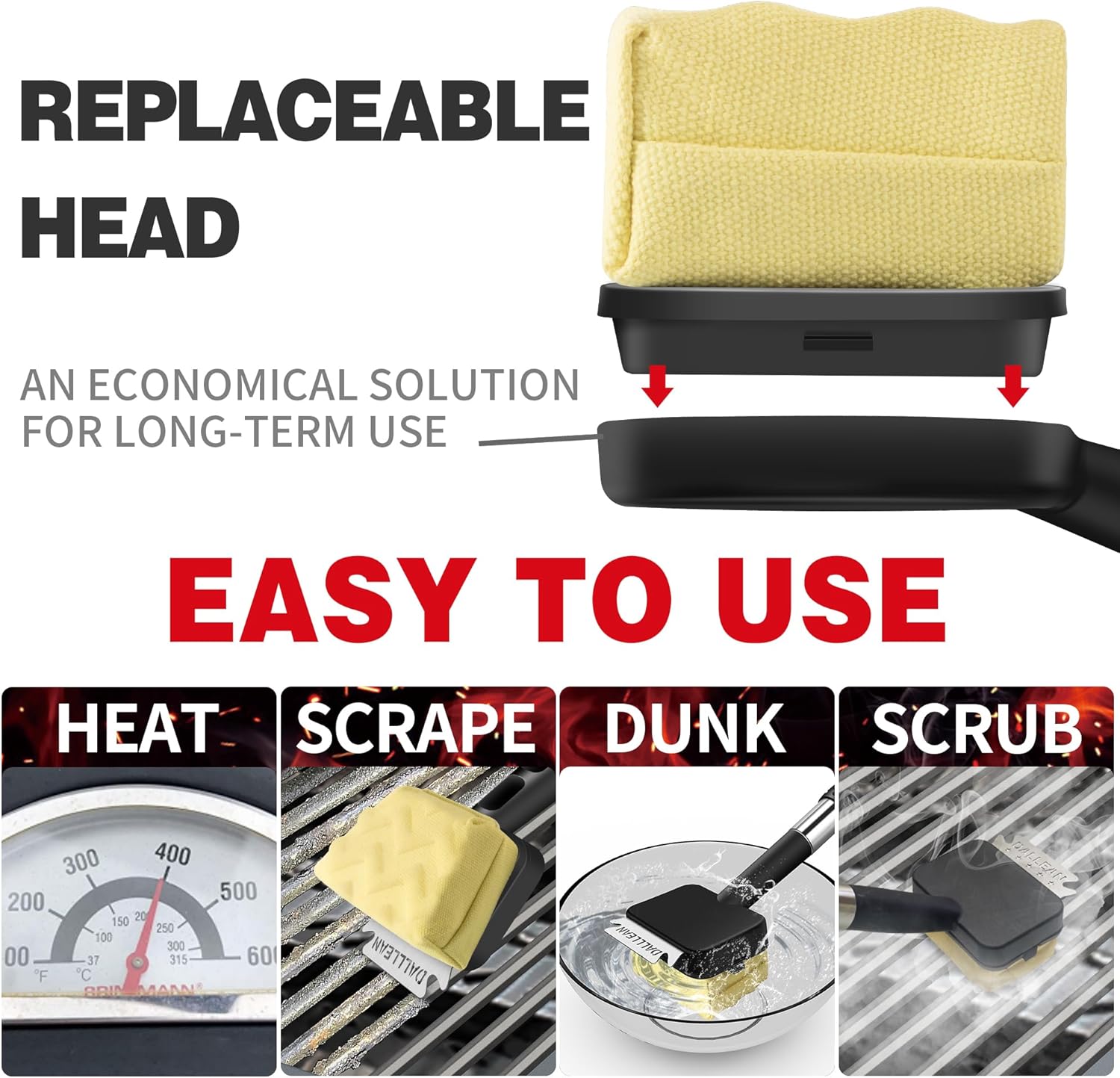 BBQ Grill Brush Bristle Free(2Heads) for Outdoor Grill, Trapezoid- Shaped Design Replaceable Head Cleaning Brush, Steam Grate Cleaner, BBQ Cleaning Brush, Scraper for Grill, Safe Barbecue Grill Brush