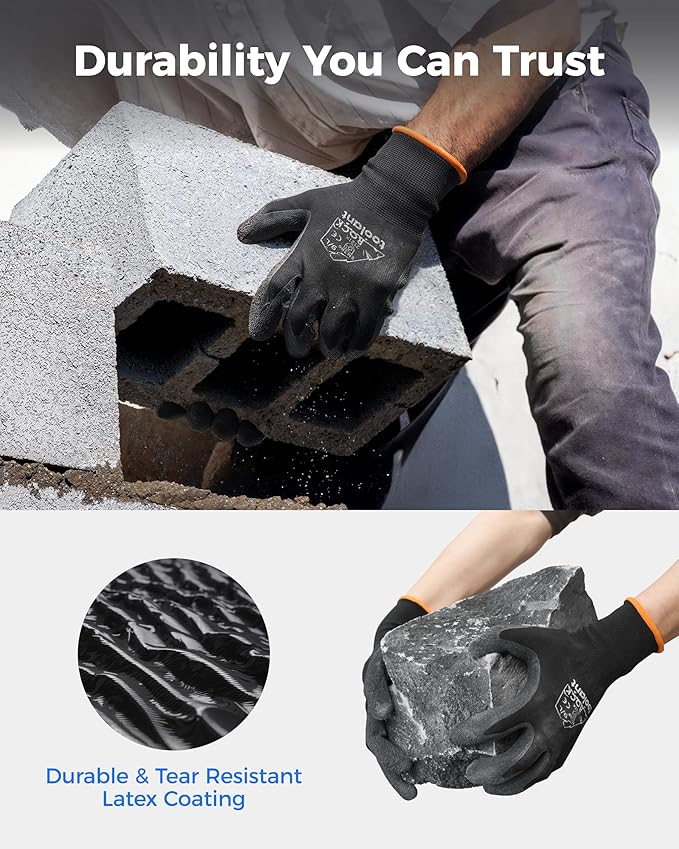 toolant Crinkle Latex Work Gloves Bulk, Rubber Coated Safety Work Gloves for Men and Women, 12 Pairs for Construction, Gardening, Warehouse (Black, XXL)