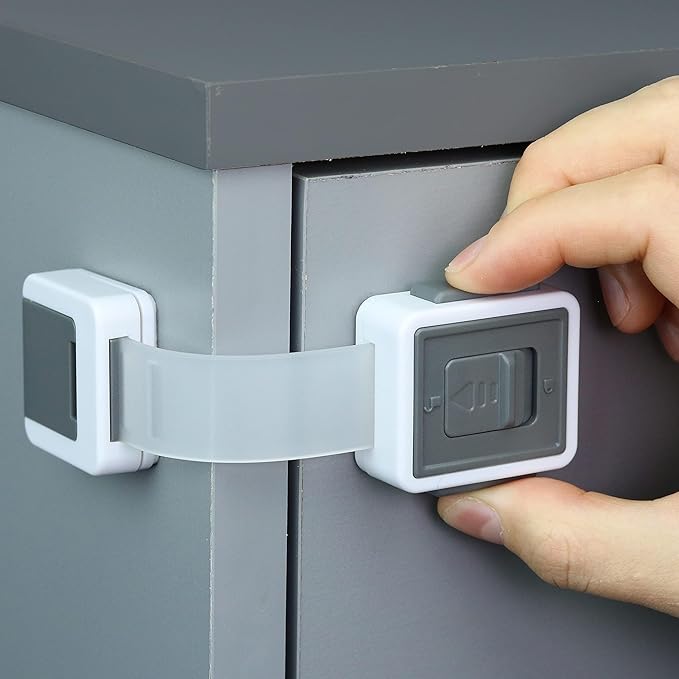 Child Safety Locks (4-Pack) - Baby Proof Cabinets, Drawers, Toilets & Appliances- Adjustable Strap Length, Double Lock Option - Easy Latch for Adults to Open