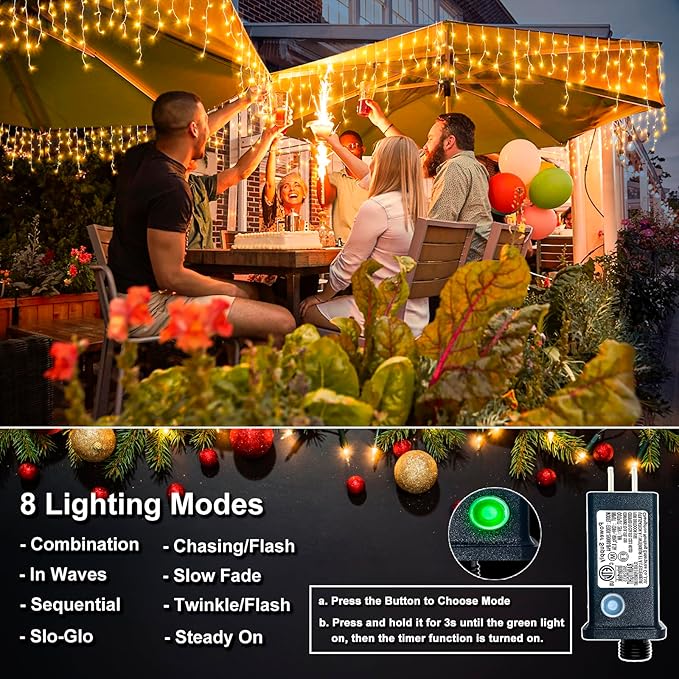 Icicle Lights for Outside, 33FT 400 LED Christmas Lights Outdoor Indoor with 8 Modes Waterproof, Connectable Plug in String Hanging Light for House Roof Yard Wedding Holiday Decor, Warm White