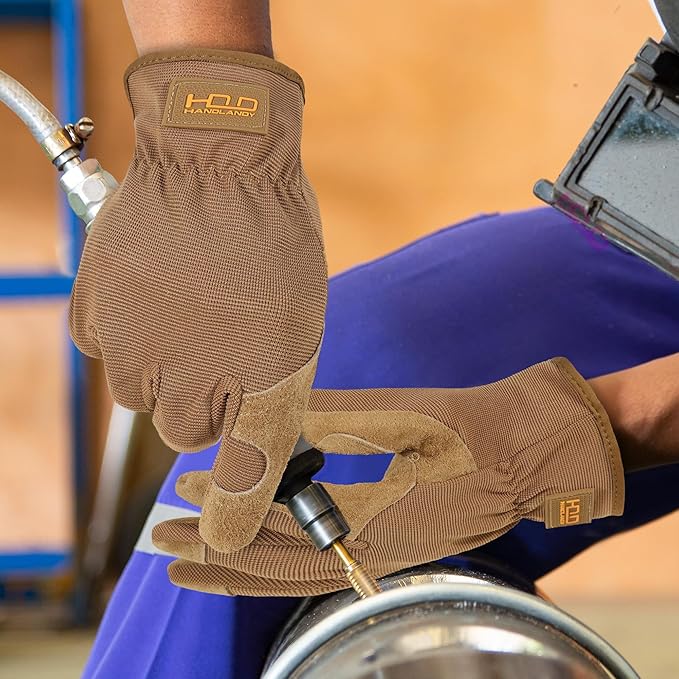 HANDLANDY Leather Work Gloves for Men & Women, Reinforced Durable Garden Gloves, Cowhide Working Glove for Gardening