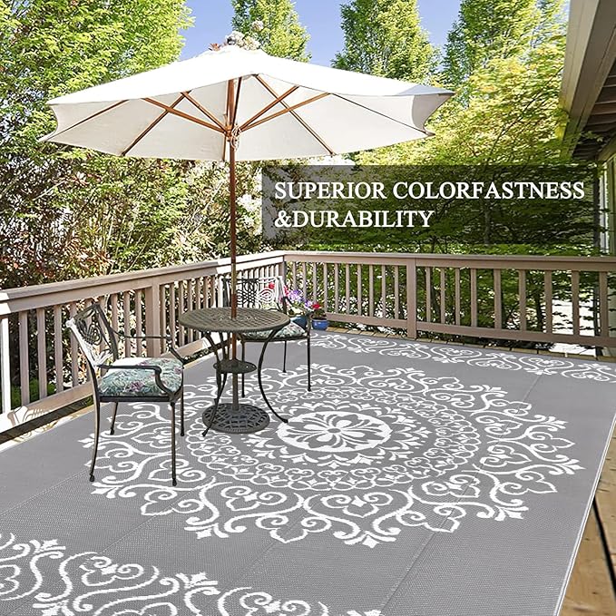 Pauwer Waterproof Outdoor Rug 8x10, Reversible Plastic Straw Patio Camping Rug, Indoor Outdoor RV Mat Carpet for Deck, Camper, Porch, Balcony, Backyard, Picnic, Floral Grey