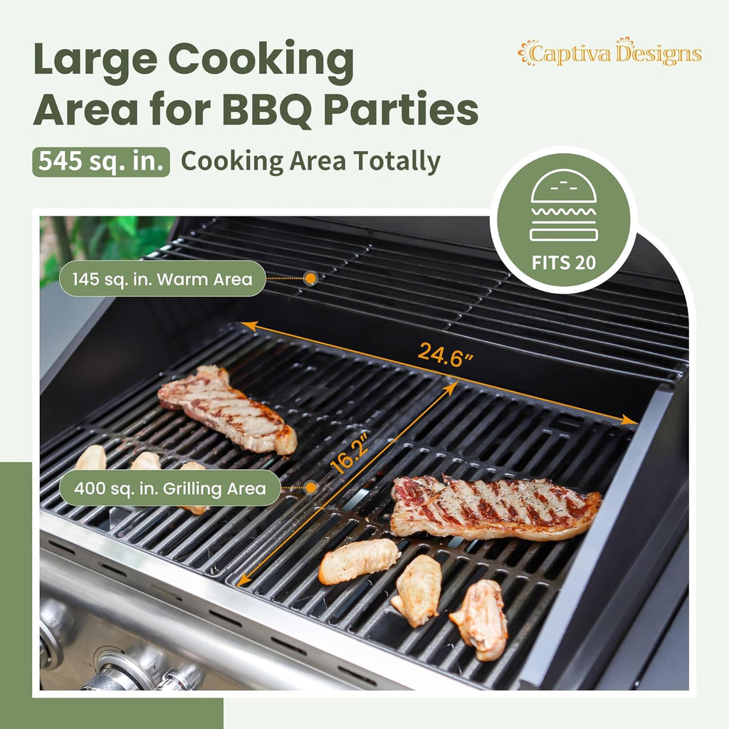 Captiva Designs 4-Burner Propane Gas BBQ Grill with Side Burner & Porcelain-Enameled Cast Iron Grates, 42,000 BTU Output Barbeque Grill for Outdoor Cooking Kitchen and Patio Backyard Barbecue, Blue