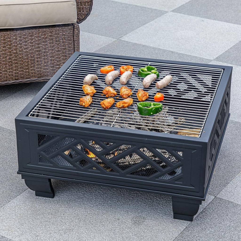 Breezz 26 Inch Wood Burning Fire Pit with Cooking Grill and Spark Screen, Outdoor Metal Firepit for Patio, Backyard, Bonfire Party, Camping and Garden