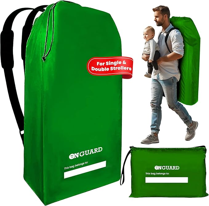 ONGUARD Waterproof Single and Double Stroller Bag for Airplane - Travel Stroller Cover for Air Travel and Storage - Gate Check Bag Backpack- Baby Airplane Essentials - Green