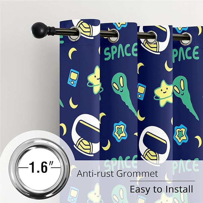 Kids Space Alien Blackout Curtains - 100% Blackout, Thermal Insulated, Noise Reducing, Perfect for Kids Room and Nursery, 2 Panels (Friendly Alien, W52×L63)