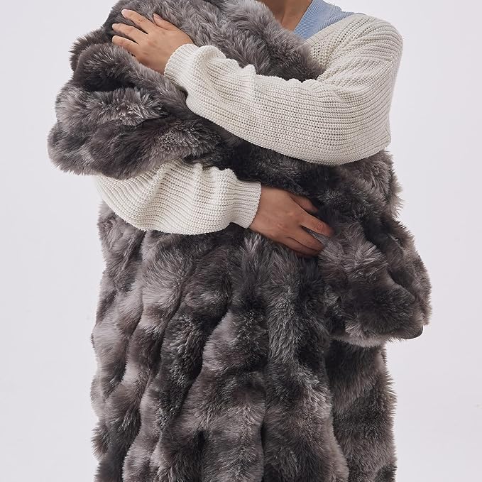 Lotus Karen Faux Fur Blanket Tie-Dye Dark Gray Twin Size - Big Bubble Rabbit Fluff Throw for Couch Small Fluffy Fuzzy Cozy Thick Furry Plush Shaggy Blankets 90x90 Inches
