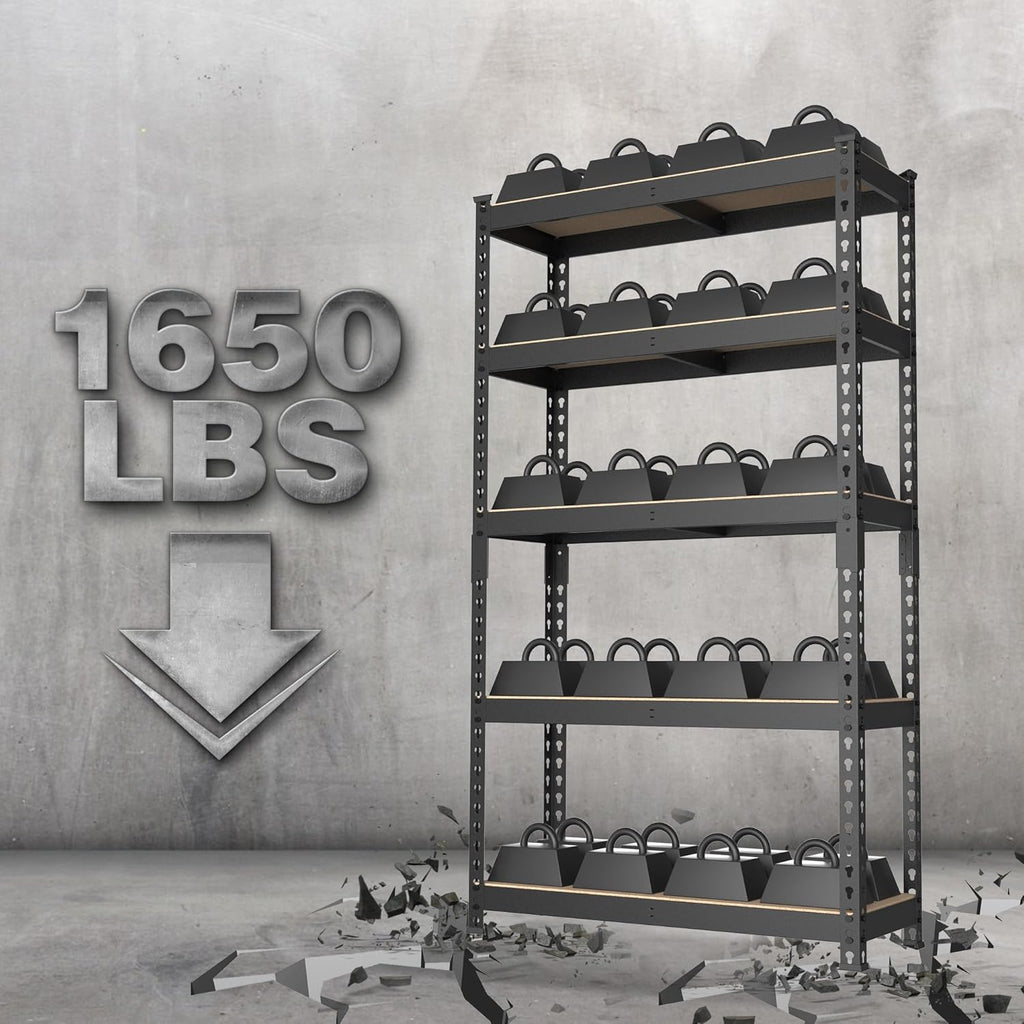 WORKPRO 5-Tier Steel Shelving Unit-Black, 27-2/5”W x 11-7/10”D x 60”H, Adjustable Storage Rack, Heavy Duty Shelf with MDF Board, 1650 lbs Load Capacity (Total) for Garage, Basement, Kitchen