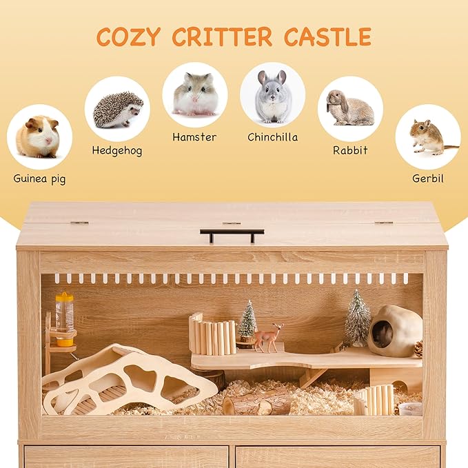 MEWOOFUN Large Hamster Cage, Hamster Cage and Habitats with Drawers and Storage Cabinet, Openable Top, Three-Sided Visibility and Four-Sided Ventilation, 39.4" L x 19.7" W x 41.7" H