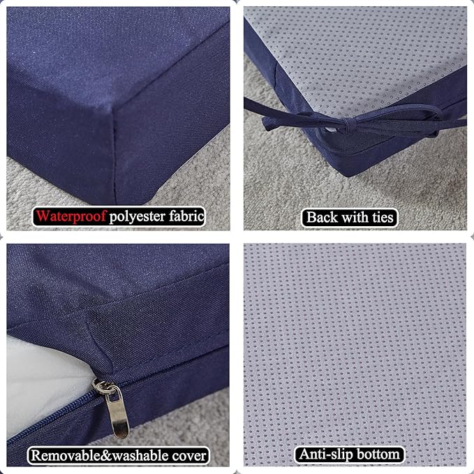 17 x 17 Inch Outdoor Seat Cushions for Patio Furniture with Non Slip and Ties Waterproof & UV Resistant Round Corner Outdoor Chair Cushions Replacement Set of 2, Navy Blue