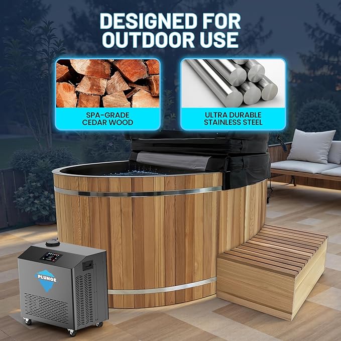 Premium 62-in. Cedar Wood Cold Plunge and Hot Tub with 3/4HP Chiller and Heater | Stainless Steel Tub with Wooden Step, Foldable Cover, Headrest, and WiFi App Control Chiller for Indoor/Outdoor Use