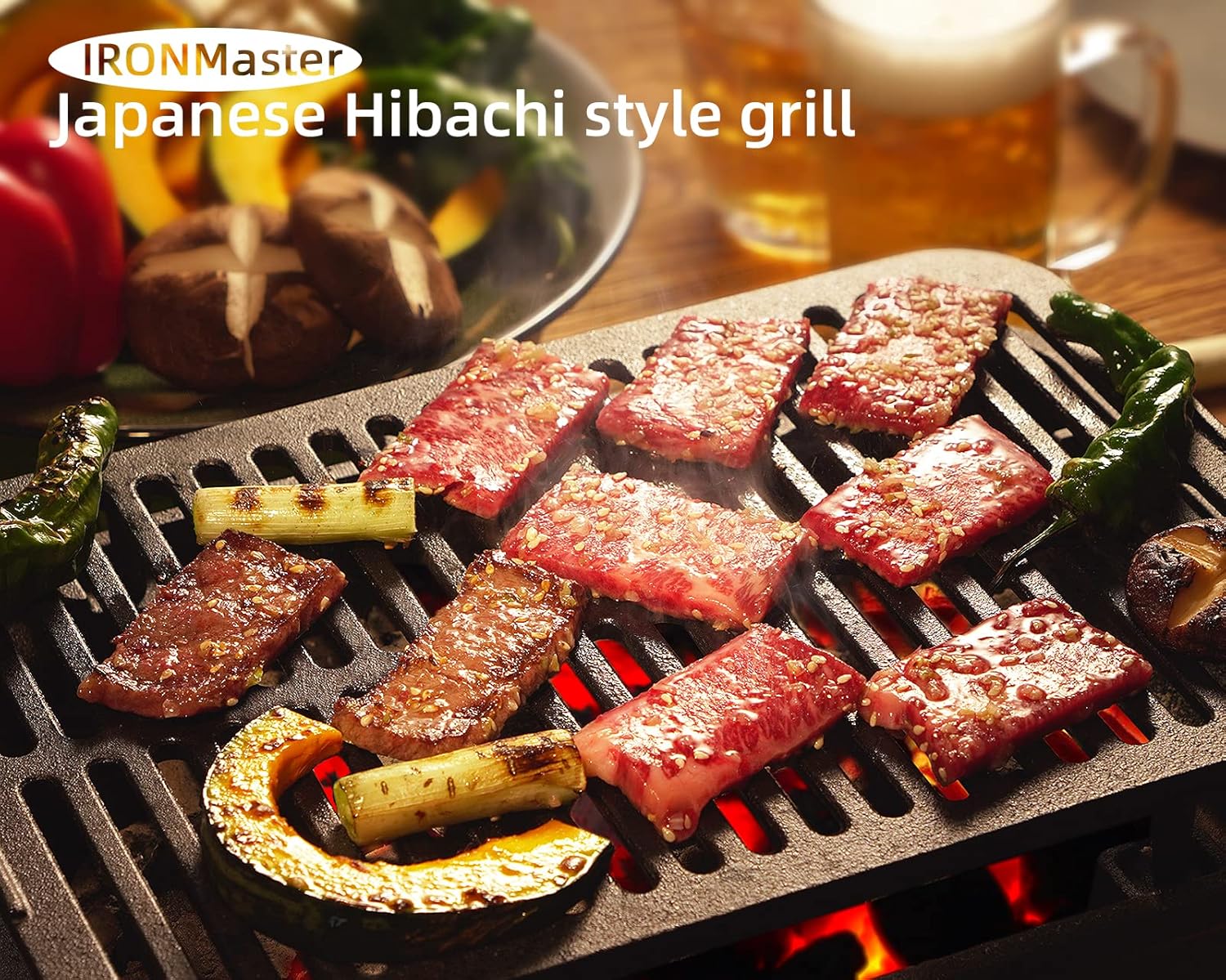 IronMaster Hibachi Grill Outdoor, Small Portable Charcoal Grill, Pre-Seasoned Cast Iron, Japanese Yakitori Camping Grill - 2 Heights, Air Control, Coal Door