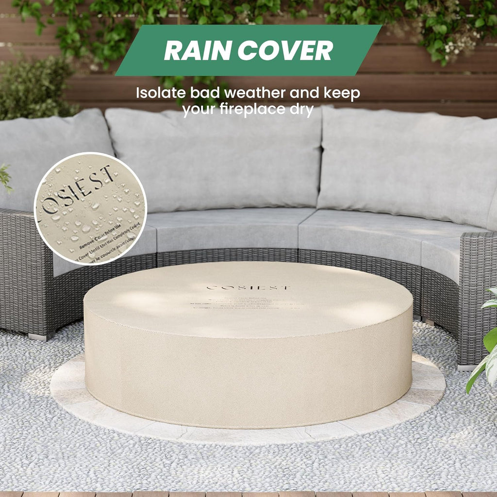COSIEST Outdoor Propane Fire Pit Coffee Table w Bronze 42 inch Round Base Patio Heater, CSA Certified, 50,000 BTU Stainless Steel Burner, Wind Guard, Transparent Gray Fire Glass, Waterproof Cover